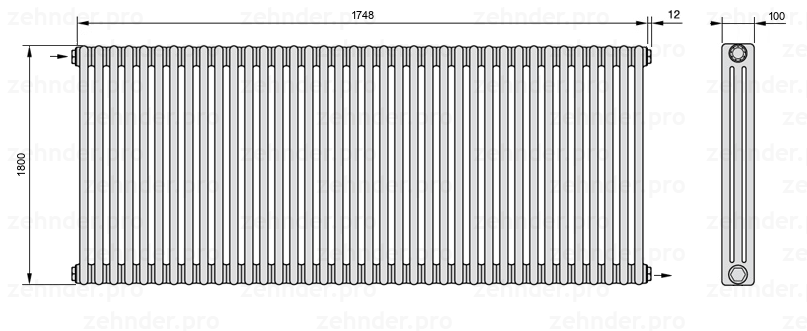 Схема (чертеж) Радиатор Zehnder Charleston 3180/38 №1670 Белый глянцевый RAL 9016